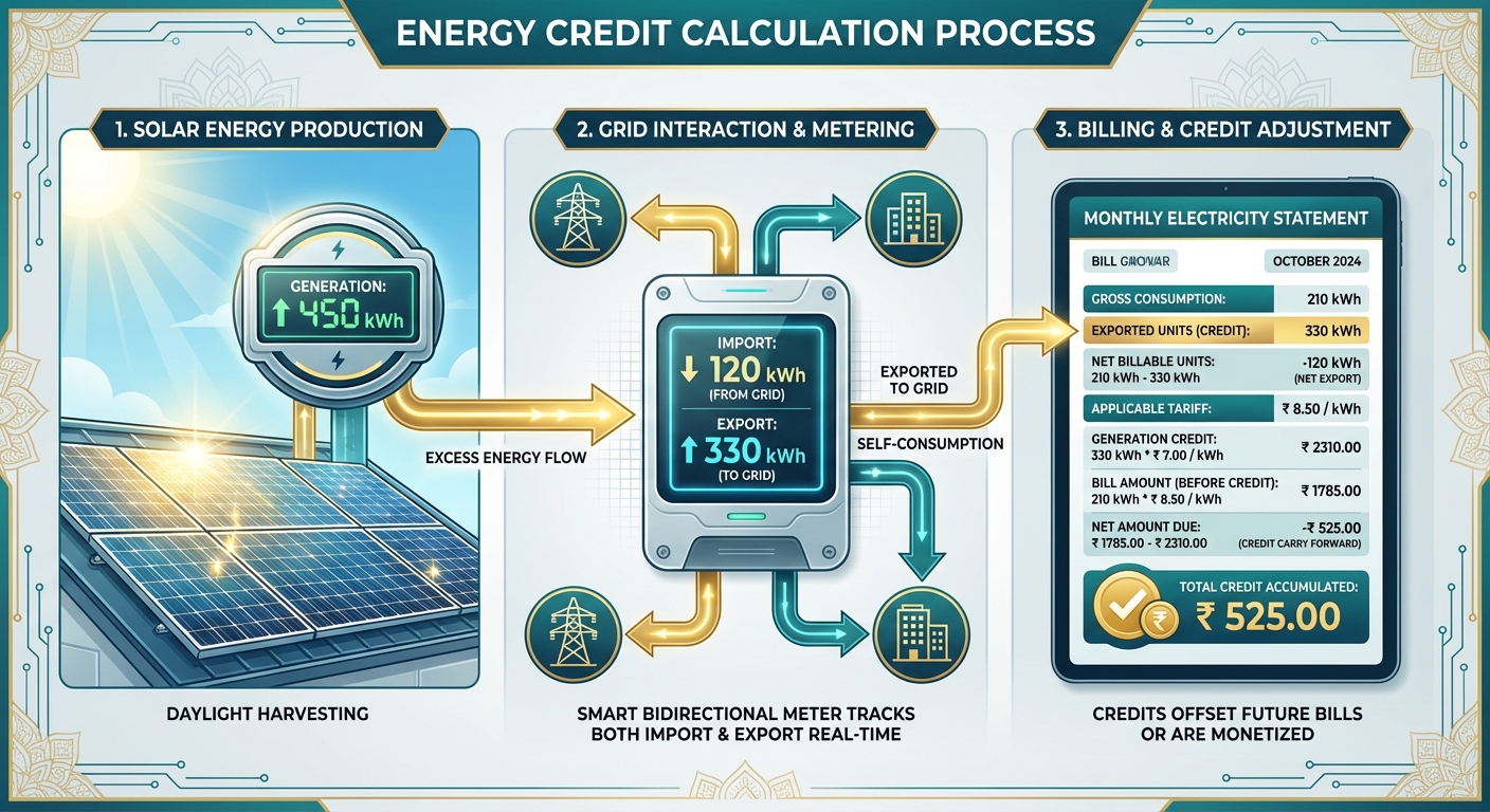 solar net metering credit calculation showing energy import export and billing process