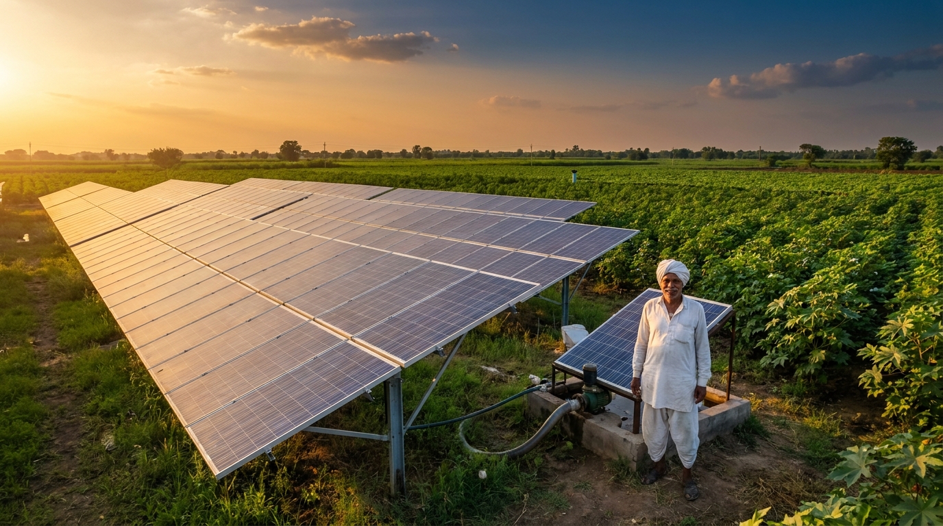 solar Junagadh agricultural solar panels installed on farmland with farmer in Gujarat