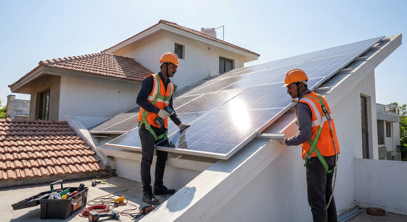 solar installation team mounting rooftop solar panels on a residential building in Junagadh Gujarat