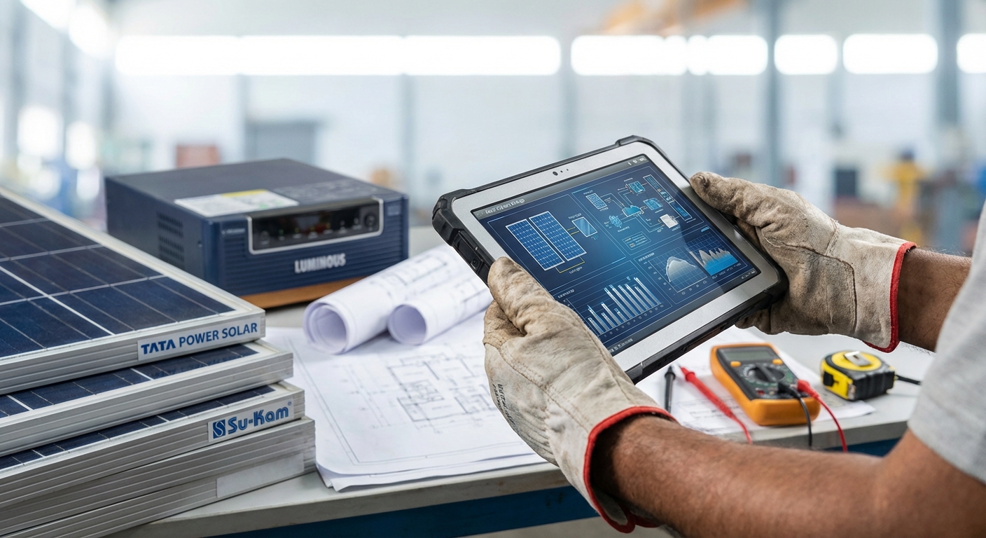 Solar contractor examining technical specifications and solar equipment for installation project