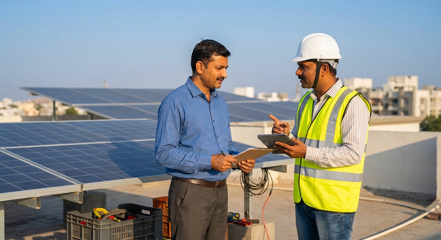 Professional solar contractor consulting with client about rooftop solar installation in Gujarat