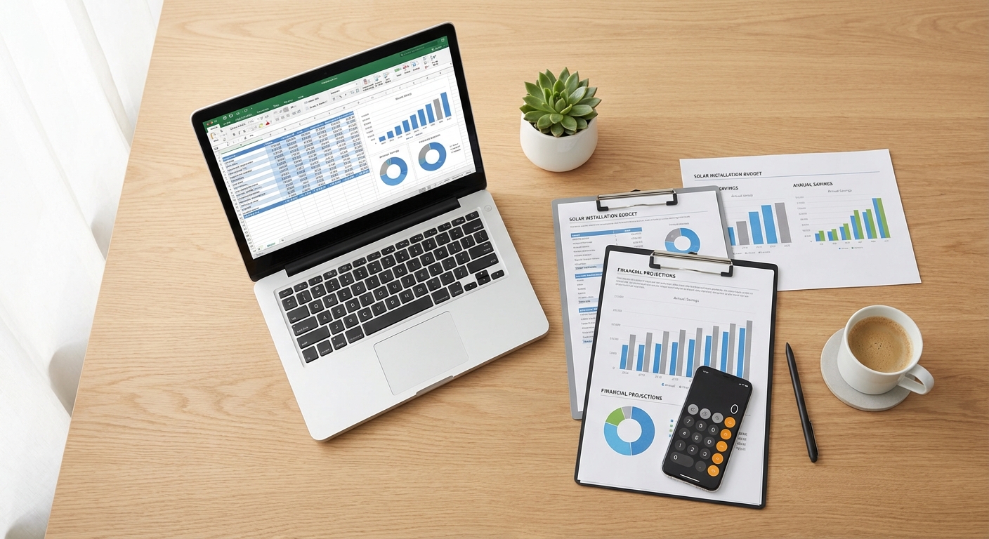 Solar budget template and financial planning worksheet with charts and graphs for solar project planning