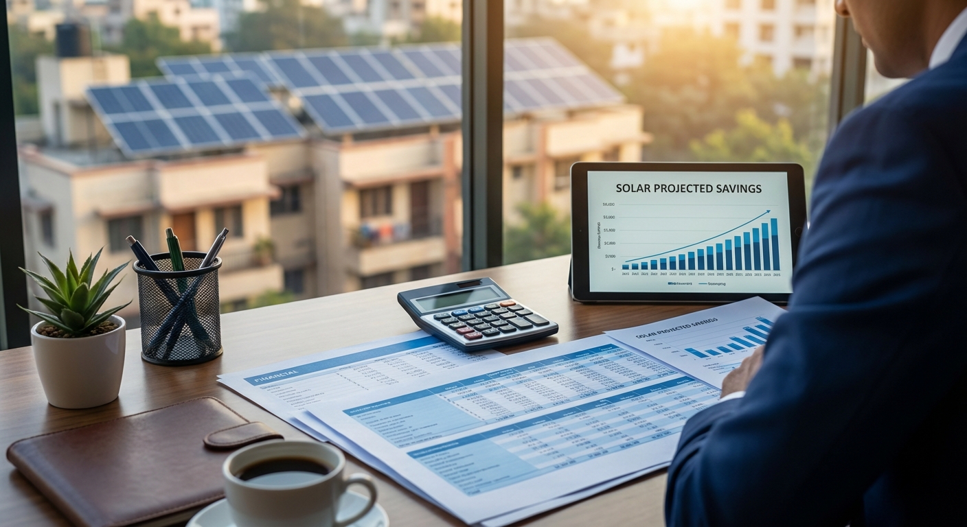 Solar budget planning with financial documents and solar panel diagrams in Gujarat