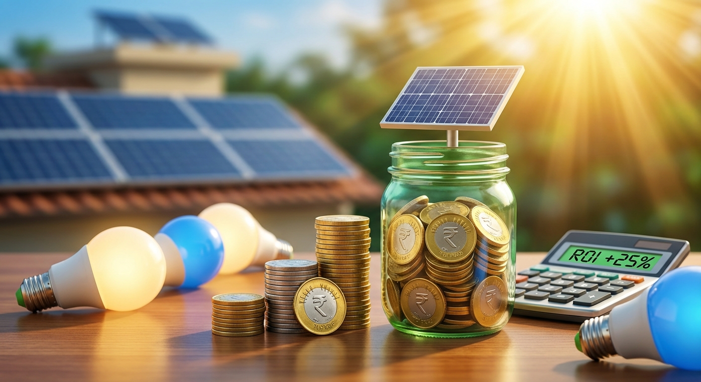 Cost-saving strategies for solar budget with piggy bank and solar panels representing smart financial planning