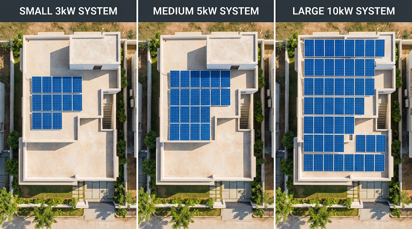 Comparison of different solar system sizes showing solar cost for 3kW, 5kW, and 10kW installations