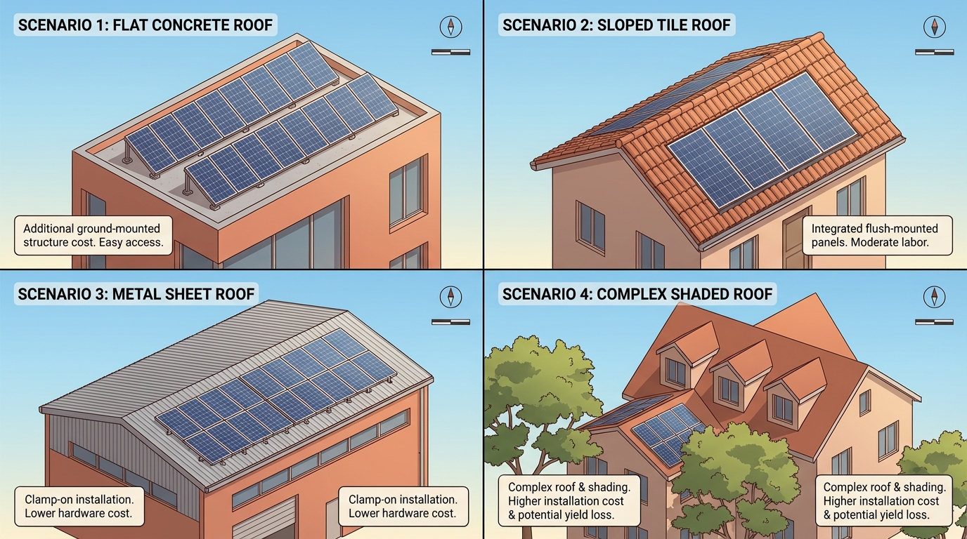 Different roof types and installation scenarios affecting solar cost in Gujarat homes