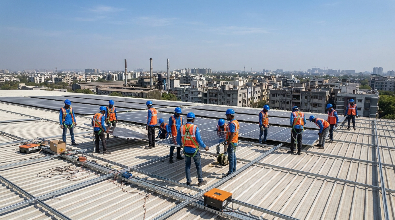 professional solar EPC installation team working on commercial rooftop in Ahmedabad Gujarat