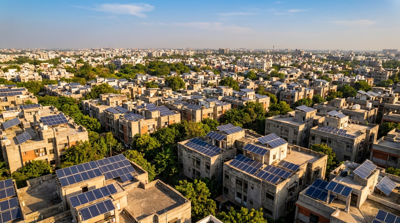 solar Ahmedabad rooftop installations aerial view of residential neighborhood in Gujarat