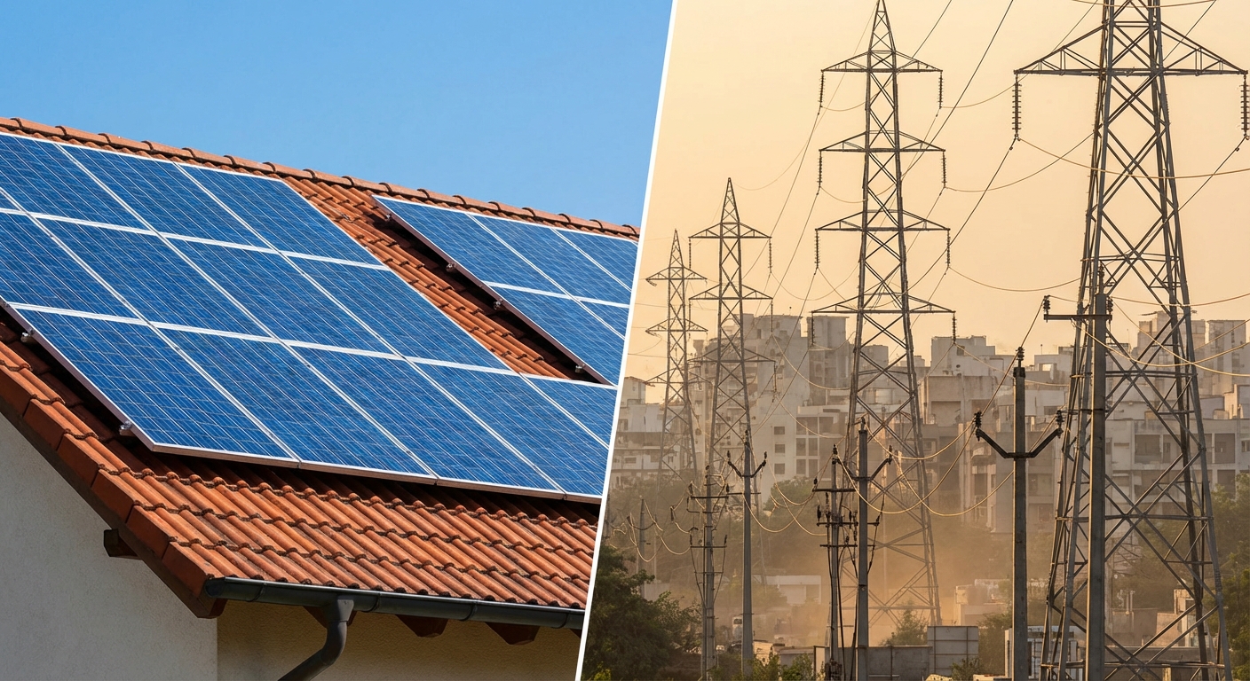 Solar vs grid electricity comparison showing rooftop solar panels and traditional power infrastructure in Gujarat