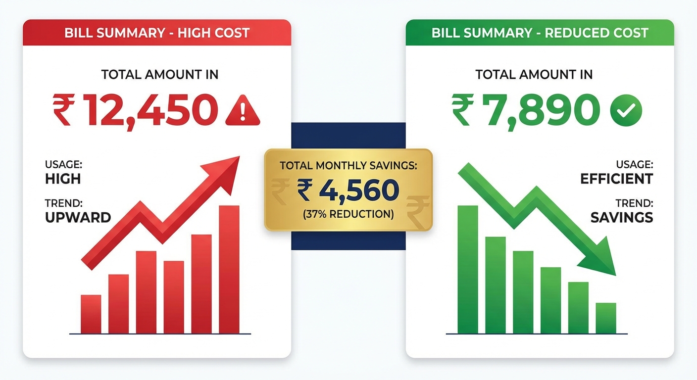 Electricity bill comparison showing cost reduction after solar installation in Gujarat