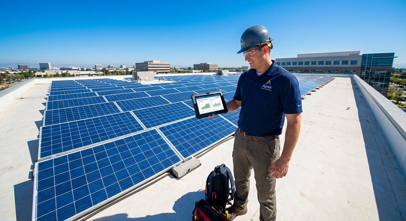 Solar maintenance technician performing system check on Gujarat installation