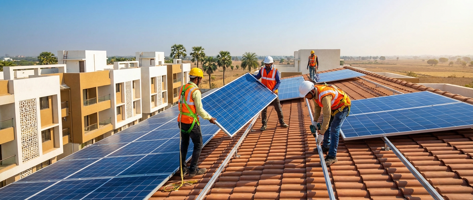 Professional solar installation team working on rooftop in Gujarat