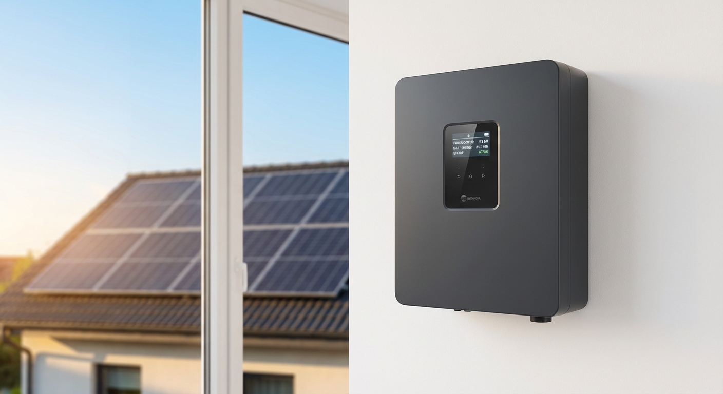 Modern solar inverter installed on wall with rooftop solar panels in background