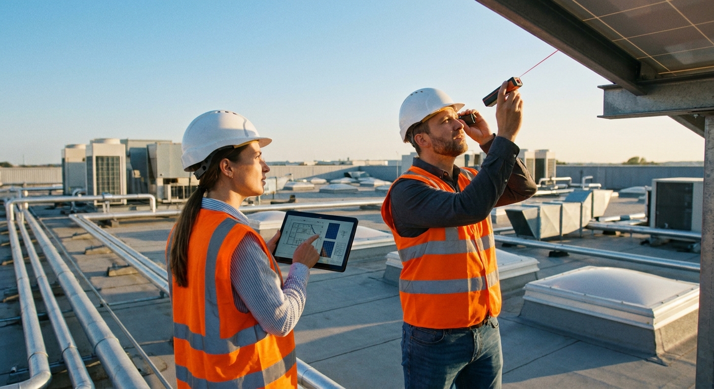 solar engineers conducting rooftop site survey as part of the industrial solar installation process