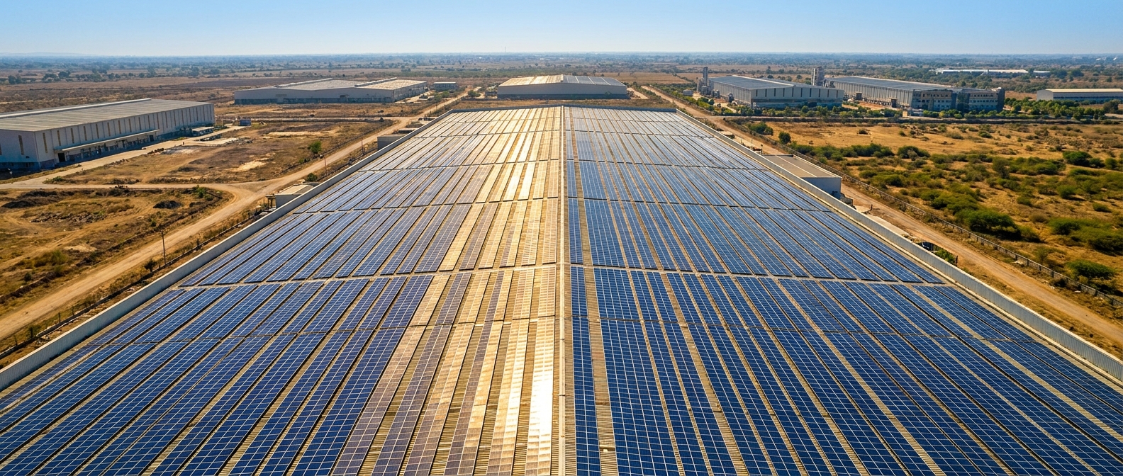 aerial view of industrial plant rooftop covered with solar panels during the solar installation process in Gujarat