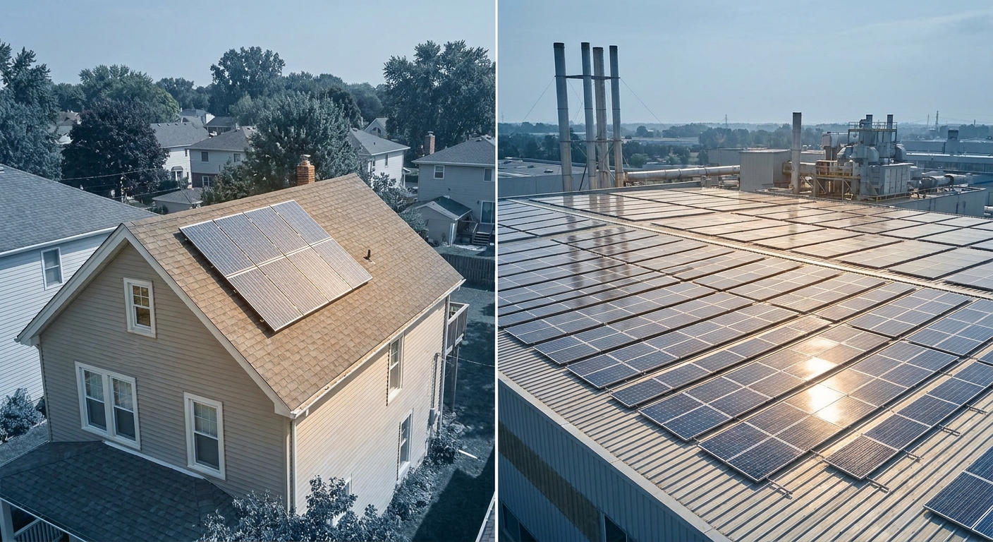 comparison of residential and industrial solar installation process showing scale difference