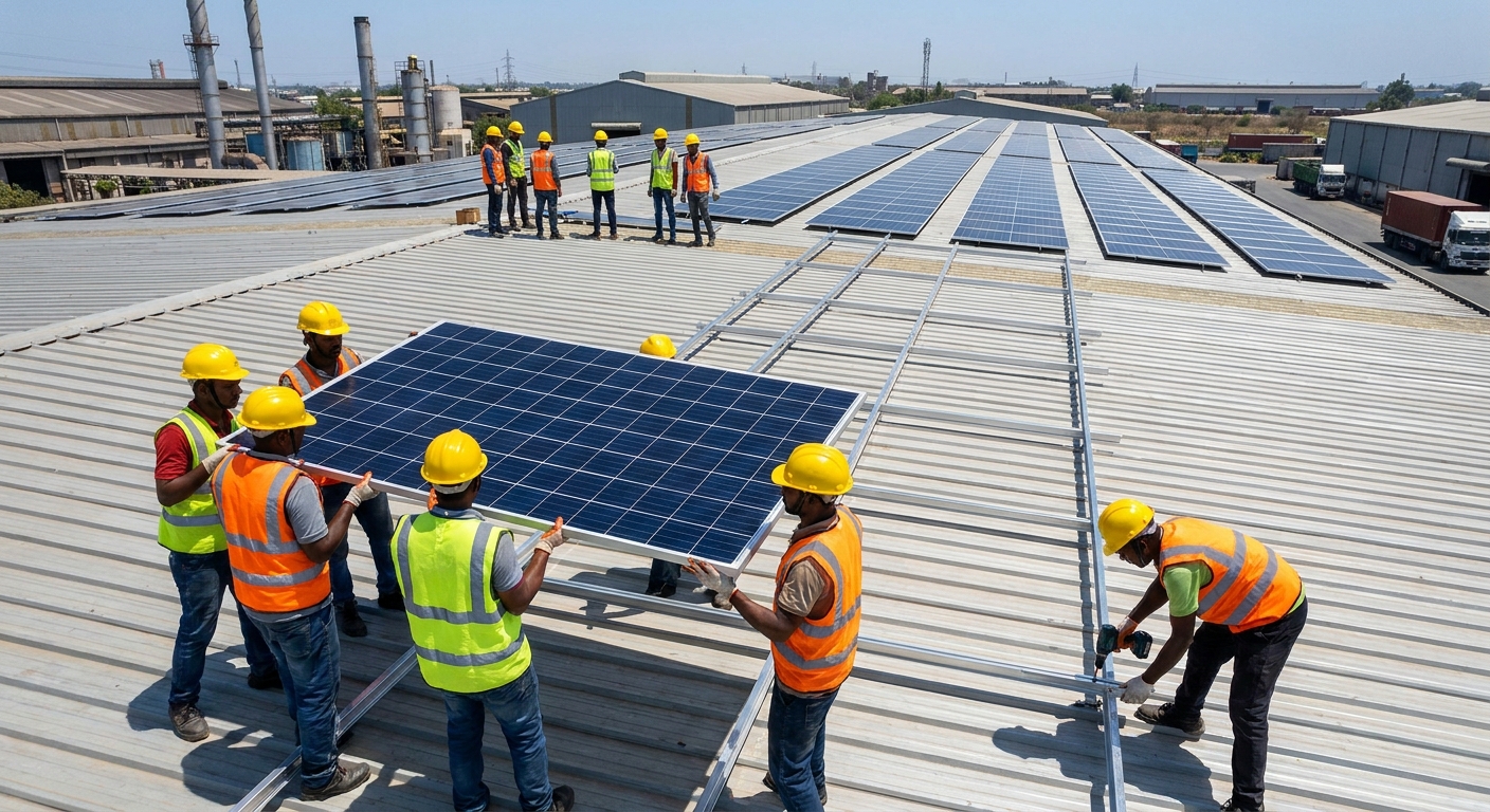 workers installing solar panels and mounting structures during the industrial solar installation process on a factory rooftop