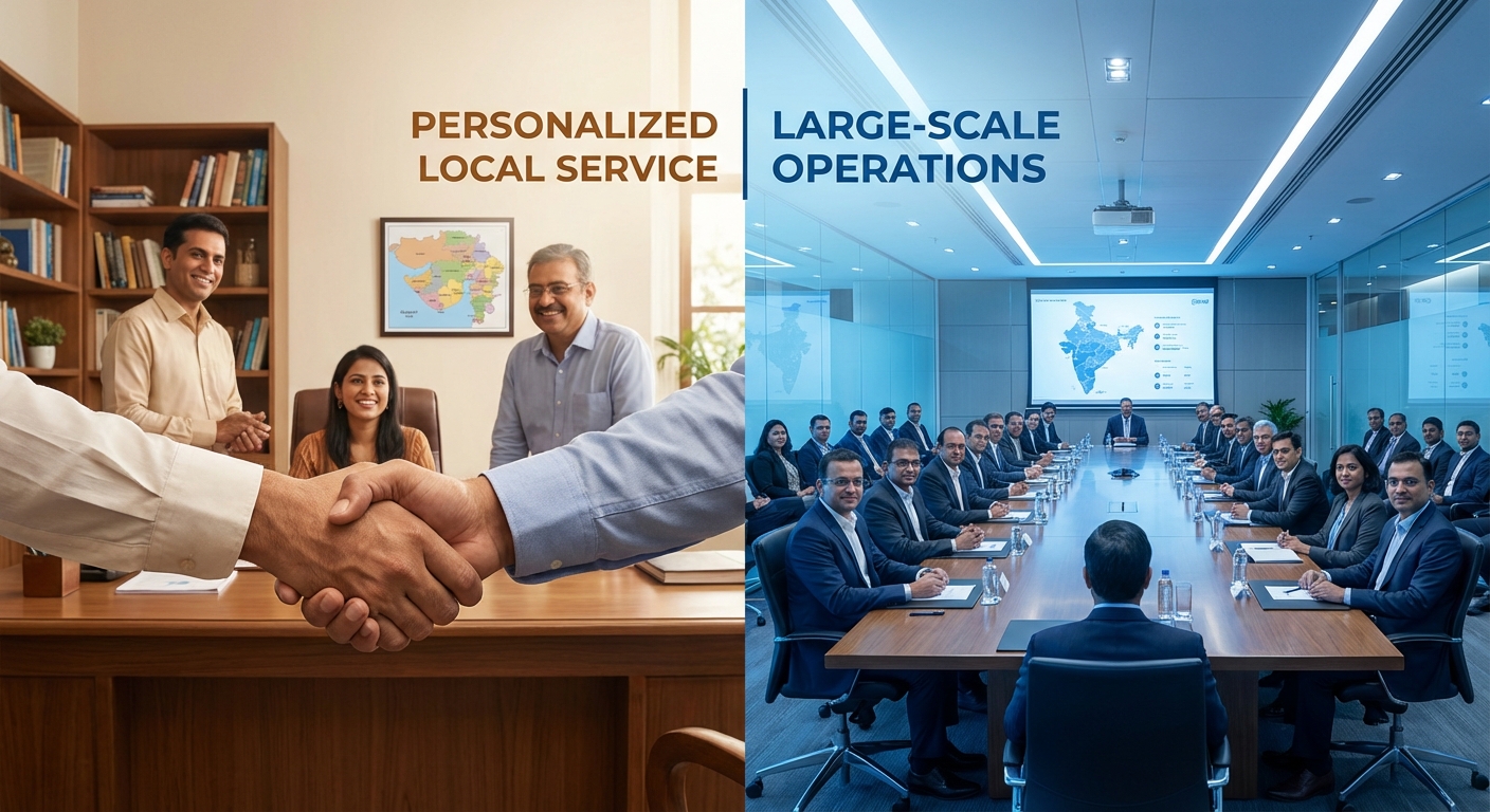 Comparison factors between local and national solar EPC companies showing service quality and business relationships