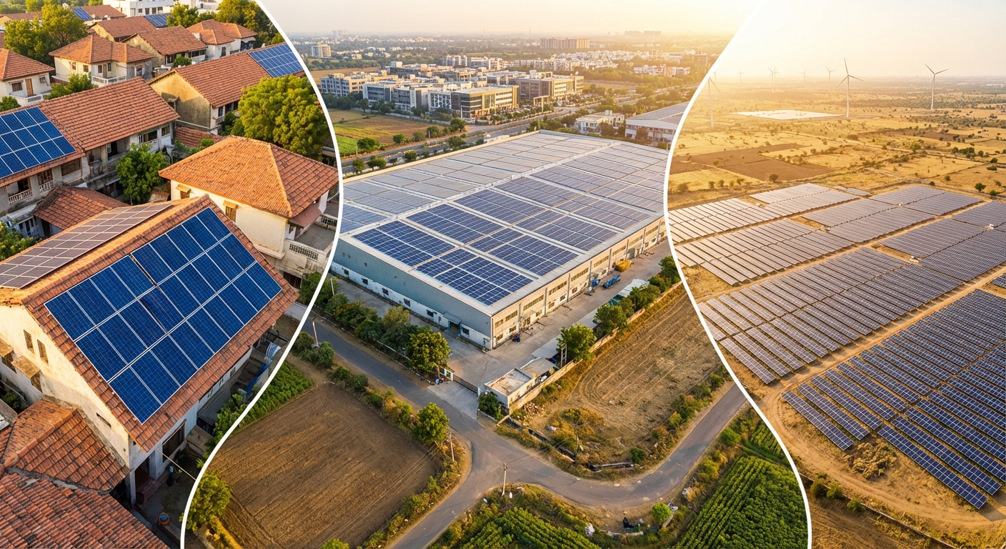 Different solar project types in Gujarat including residential rooftop commercial and ground-mounted installations