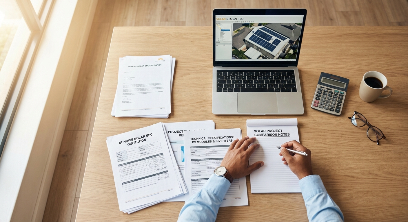 Business professional reviewing and comparing solar EPC quotations and technical documents on desk