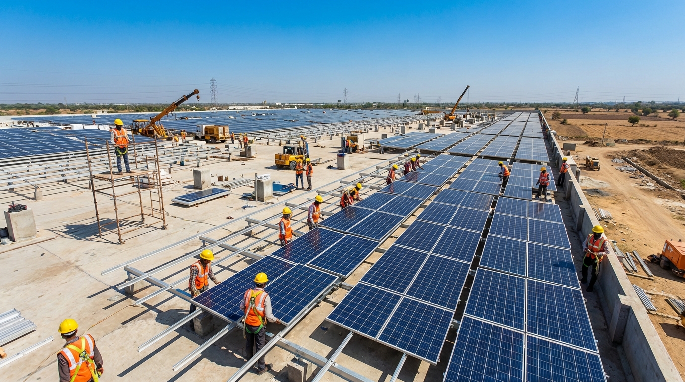 Solar EPC project installation in Gujarat with professional team working on commercial rooftop solar panels