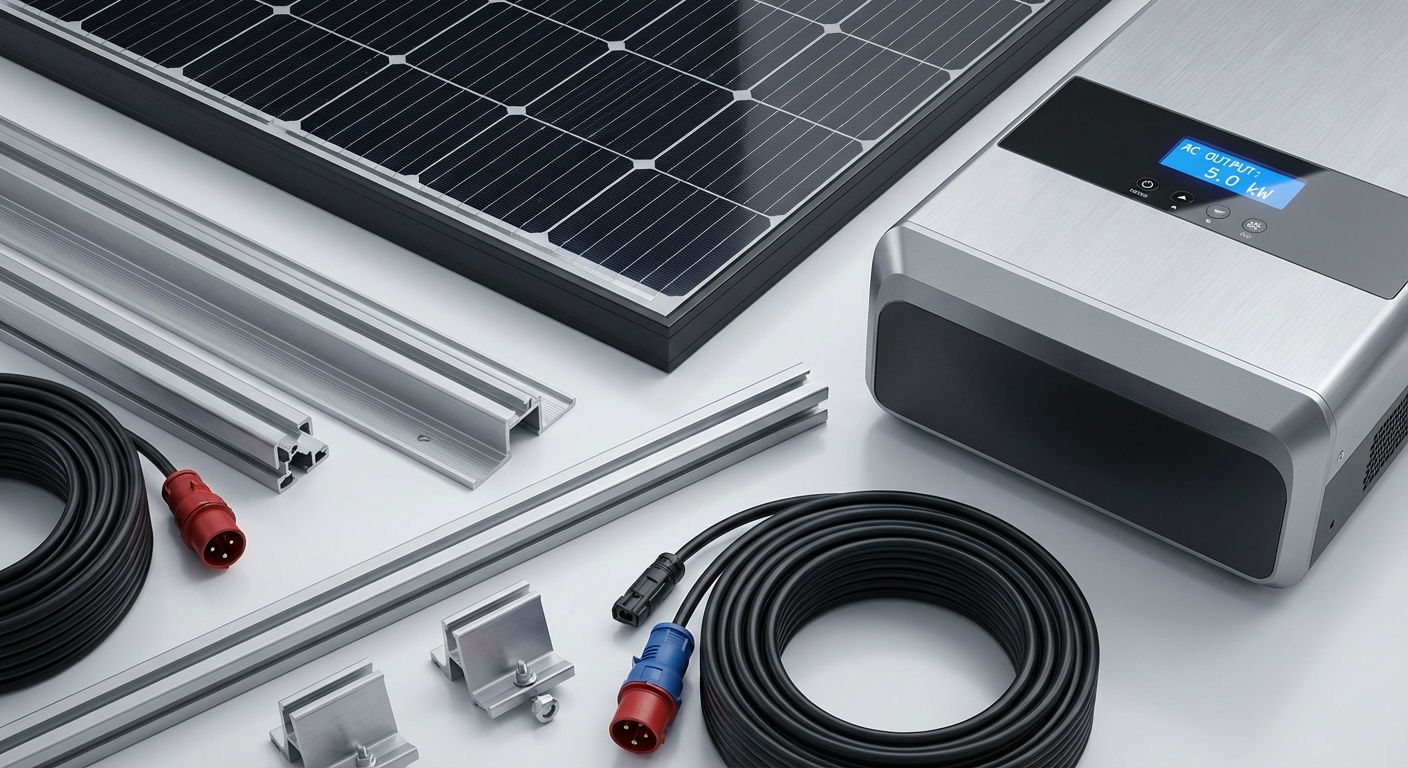 High-quality tier-1 solar panels, inverters, and mounting equipment components displayed professionally