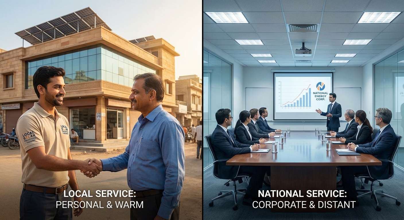 Local Gujarat solar technician providing personalized service to business owner compared to corporate national provider meeting
