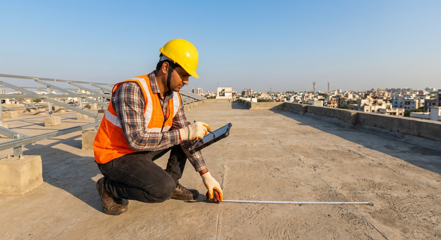 solar engineer assessing rooftop area for solar capacity planning in Gujarat