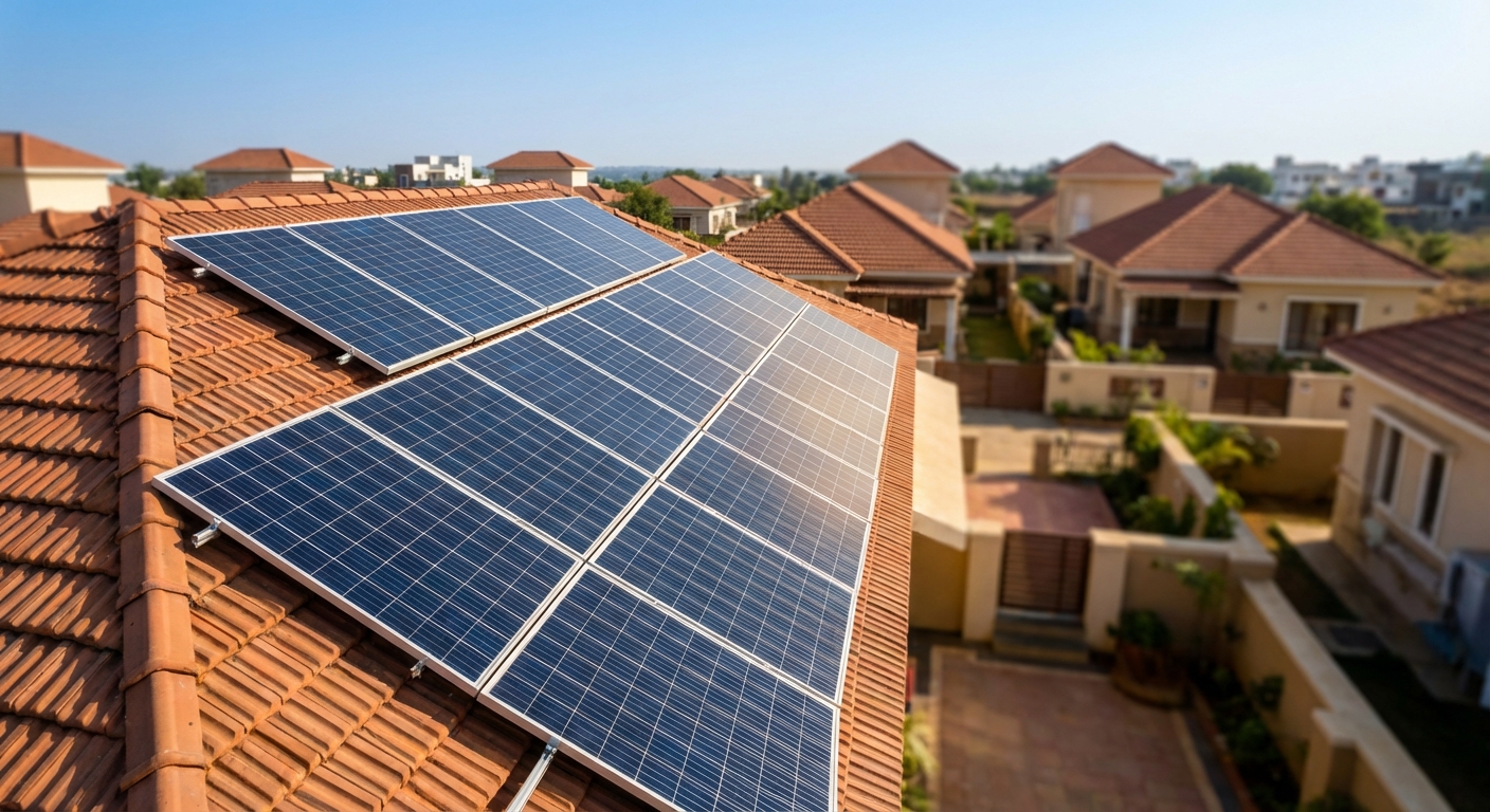 Modern residential rooftop solar panel installation in Gujarat showing professional solar system setup