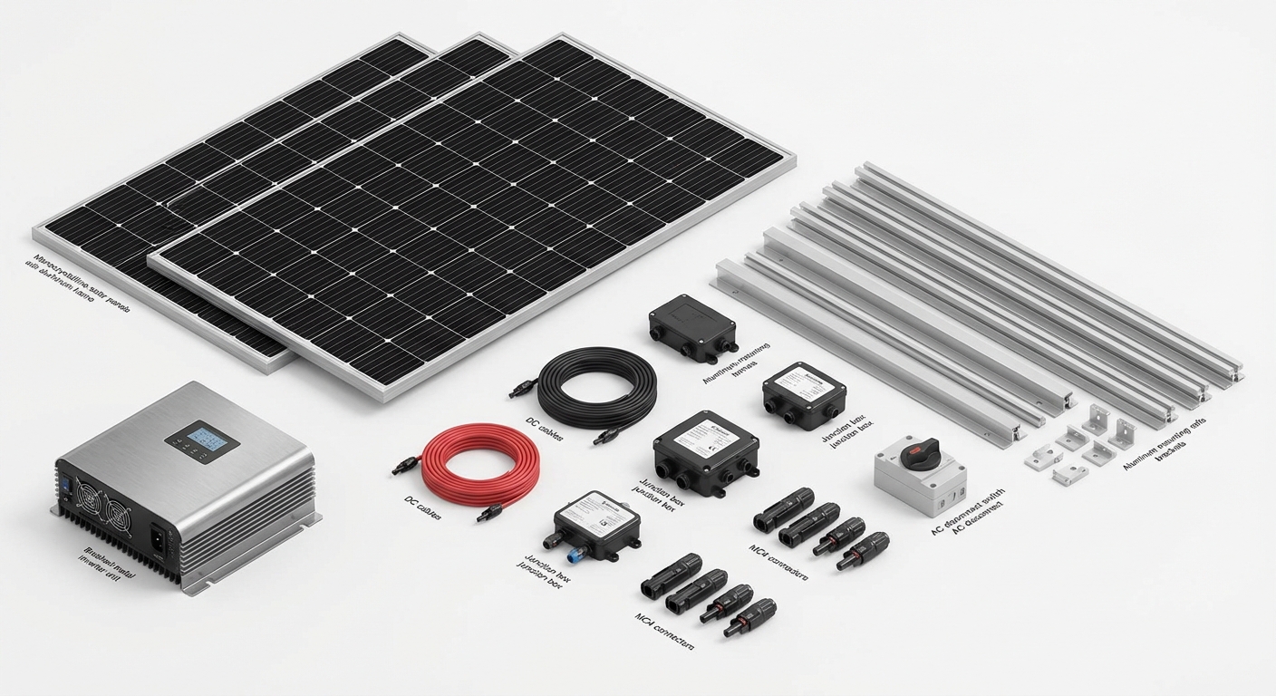 Solar system components including panels, inverters, mounting structures, and balance of system equipment