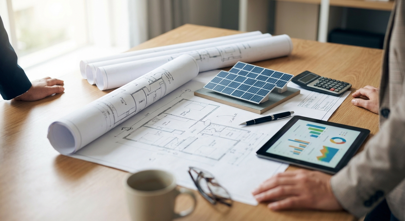 Solar project planning and budgeting with blueprints, calculator, and solar system model on desk