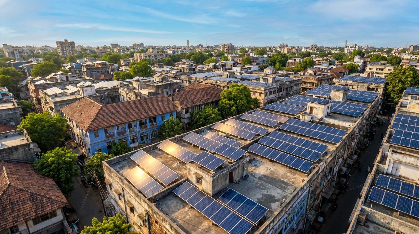 solar providers Gujarat rooftop solar installations across Gujarat city aerial view