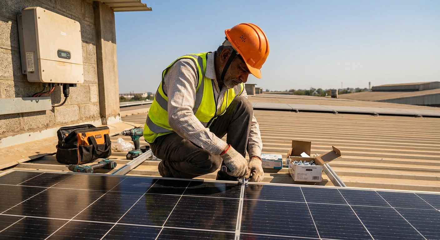 solar providers Gujarat technician installing solar panels and inverter on industrial rooftop