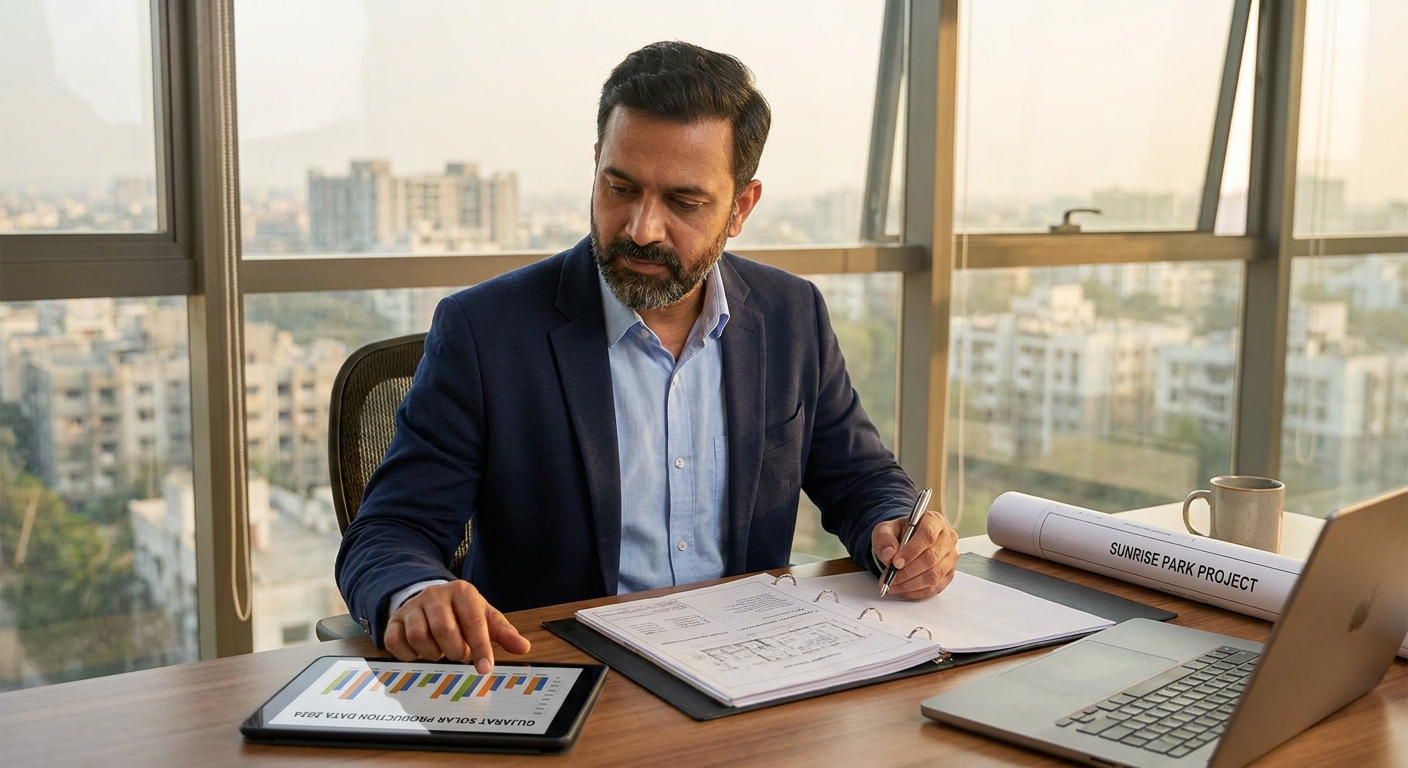solar providers Gujarat professional reviewing solar subsidy documentation and project data