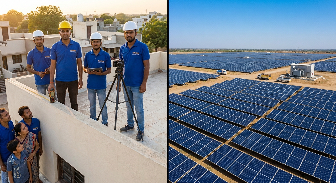 local vs national solar providers Gujarat comparison showing residential rooftop team and large solar farm