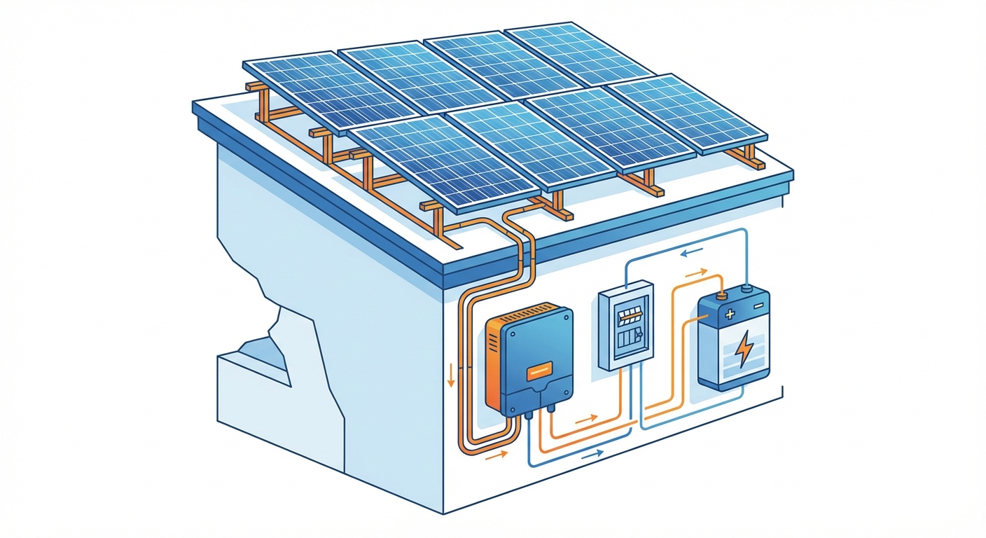 solar system components showing panels, inverter, and mounting structures with different lifespans