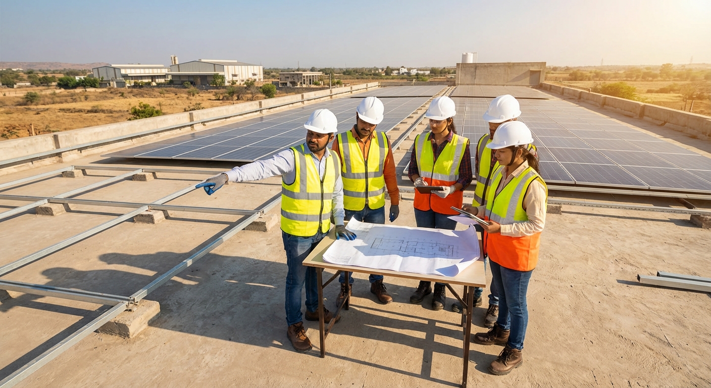 Professional solar EPC team inspecting solar structure installation and reviewing technical plans