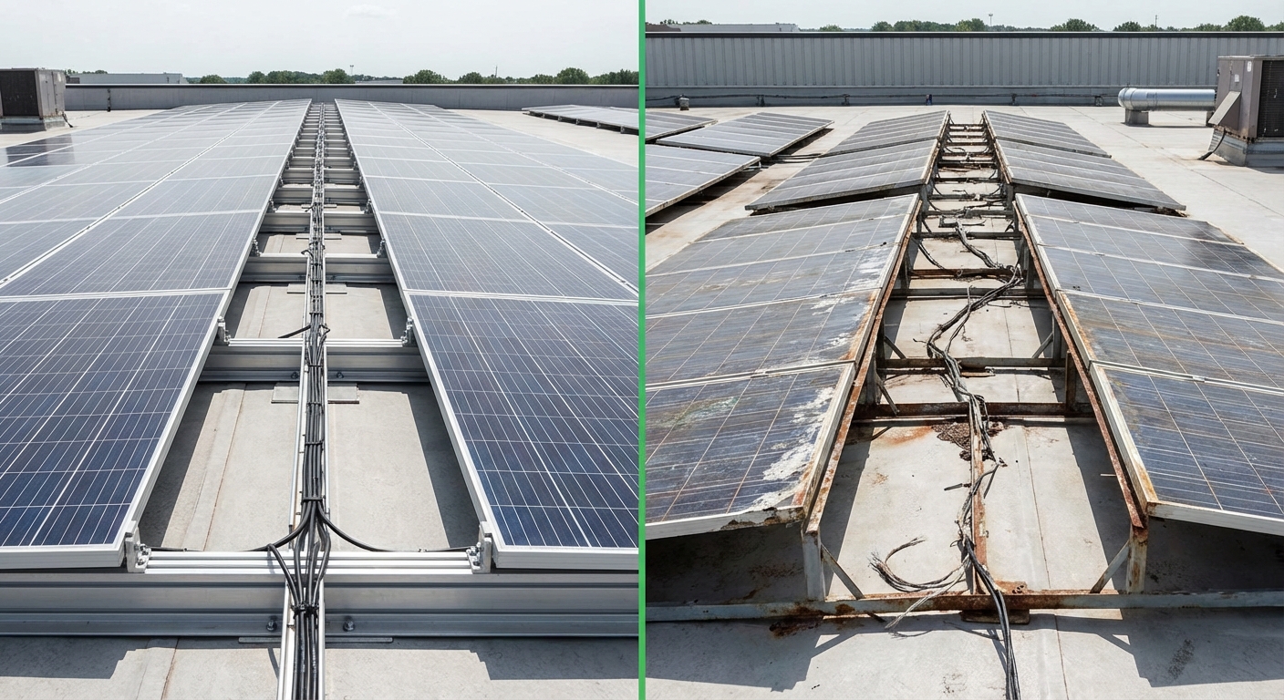 Comparison showing quality solar structure installation versus poor mounting system with visible deterioration