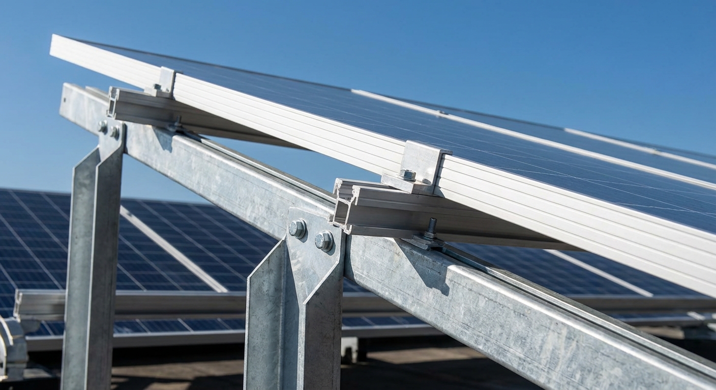 Solar structure installation showing robust mounting framework supporting solar panels