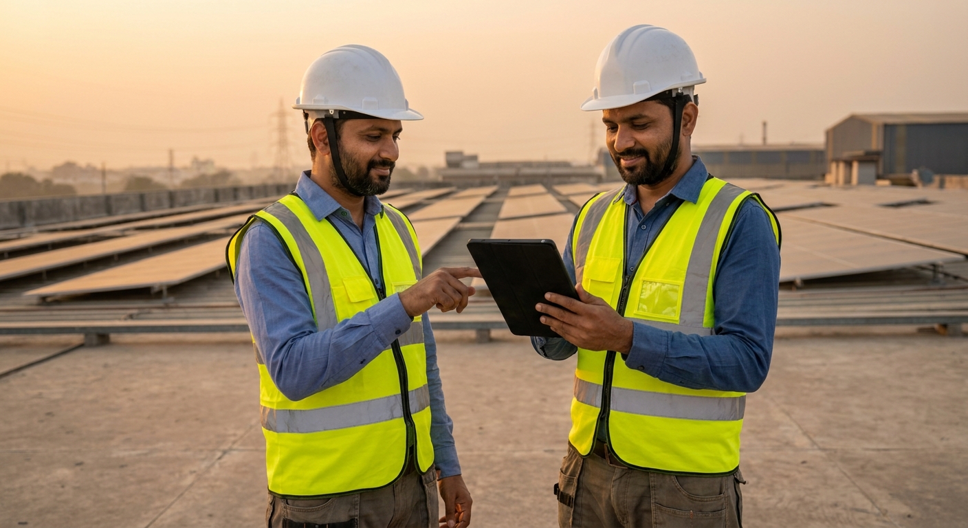 facility manager reviewing solar vs diesel TCO analysis at Gujarat industrial site