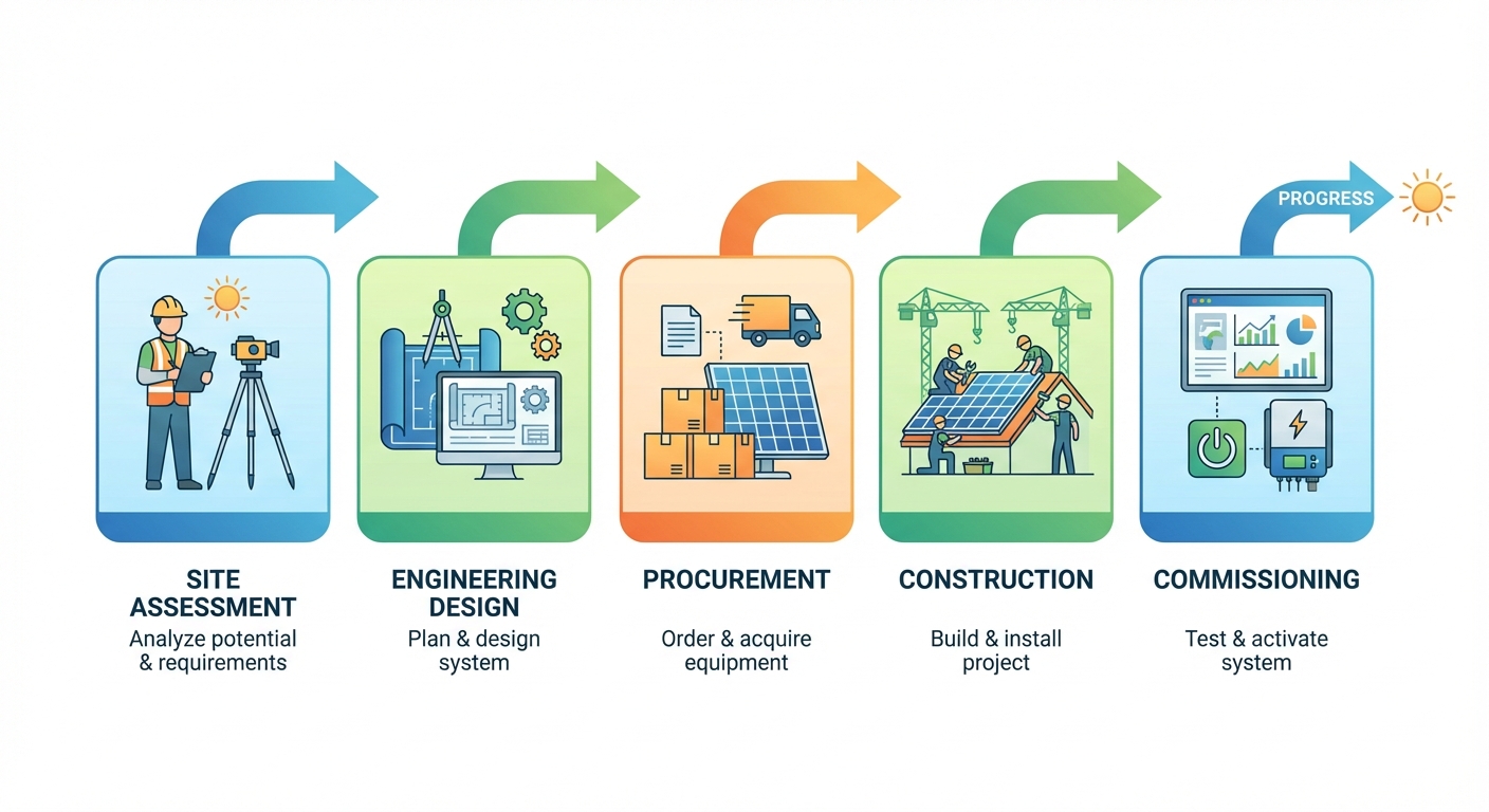 Complete solar EPC process workflow from planning to commissioning