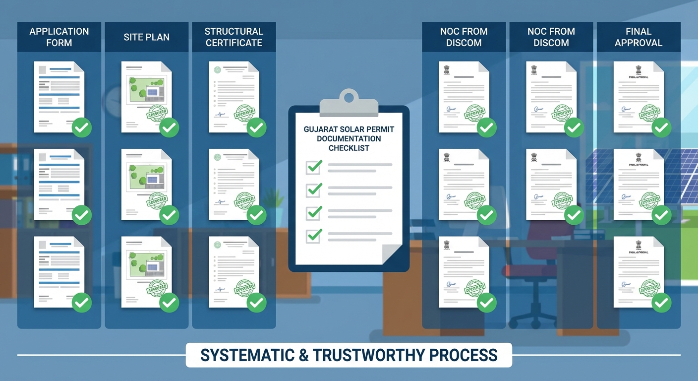 Organized documentation checklist for solar permits Gujarat with approval stamps and categories