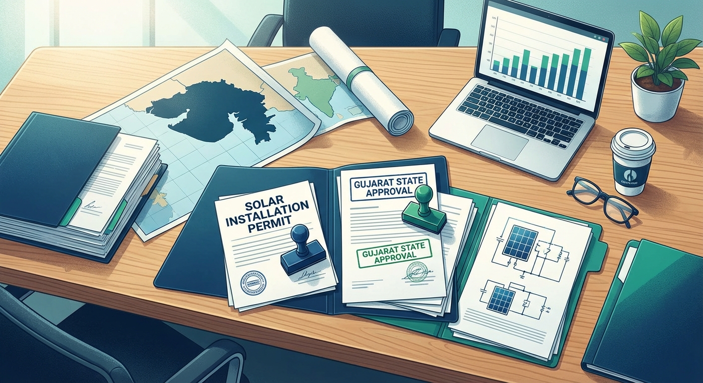 Solar permits Gujarat documentation process with official approvals and state map