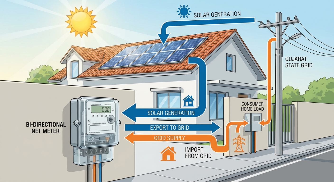 Net metering system for solar permits Gujarat showing bi-directional meter and power flow