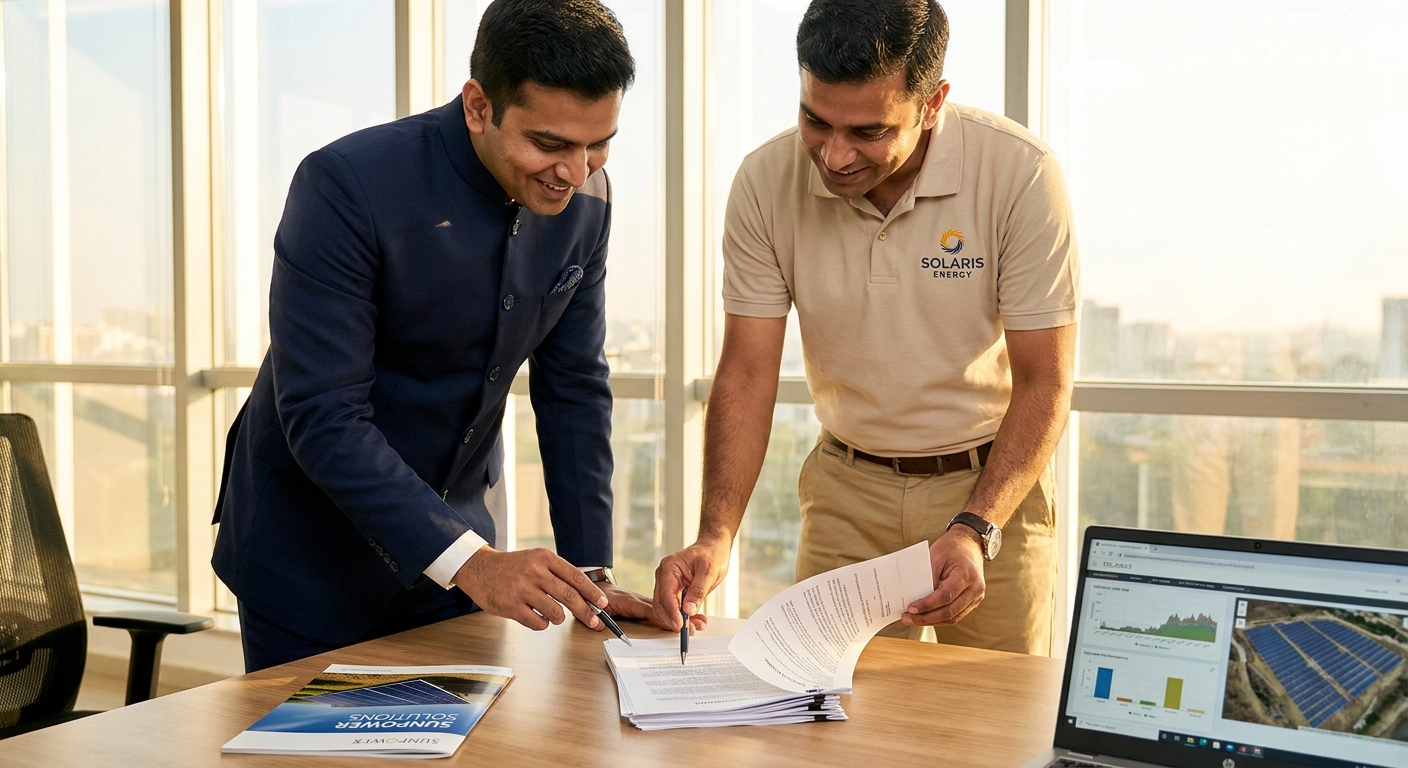 Business professionals reviewing a solar maintenance contract document in a modern office setting