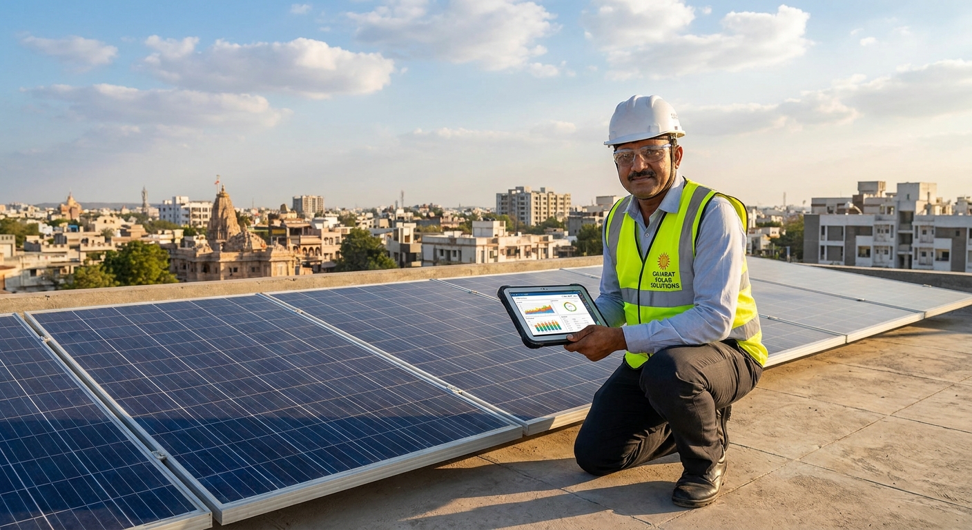 Solar maintenance technician inspecting rooftop solar panels in Gujarat with a digital tablet