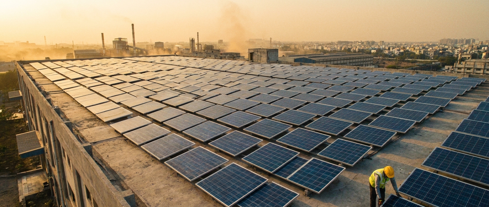 Solar maintenance on a large industrial rooftop solar installation in Gujarat under bright summer sky