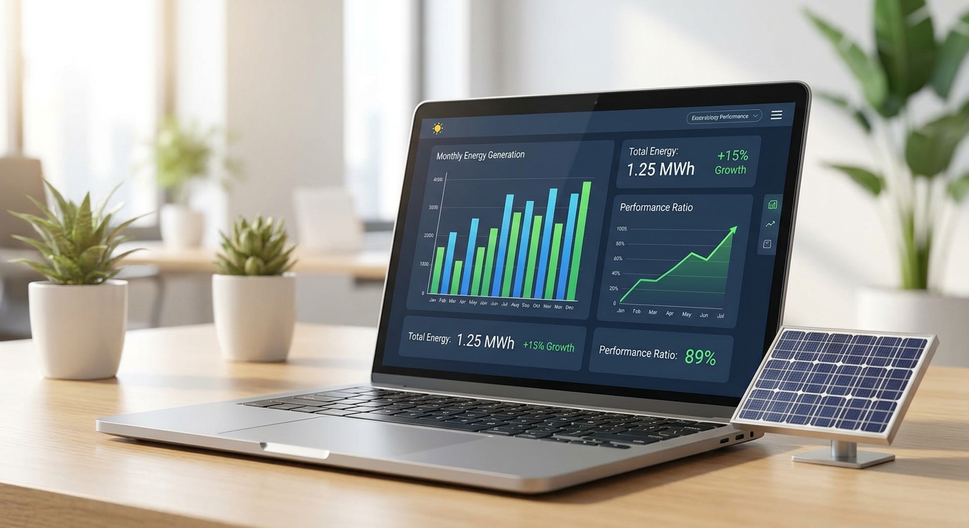 Solar maintenance performance dashboard showing energy generation benchmarks and performance ratio data