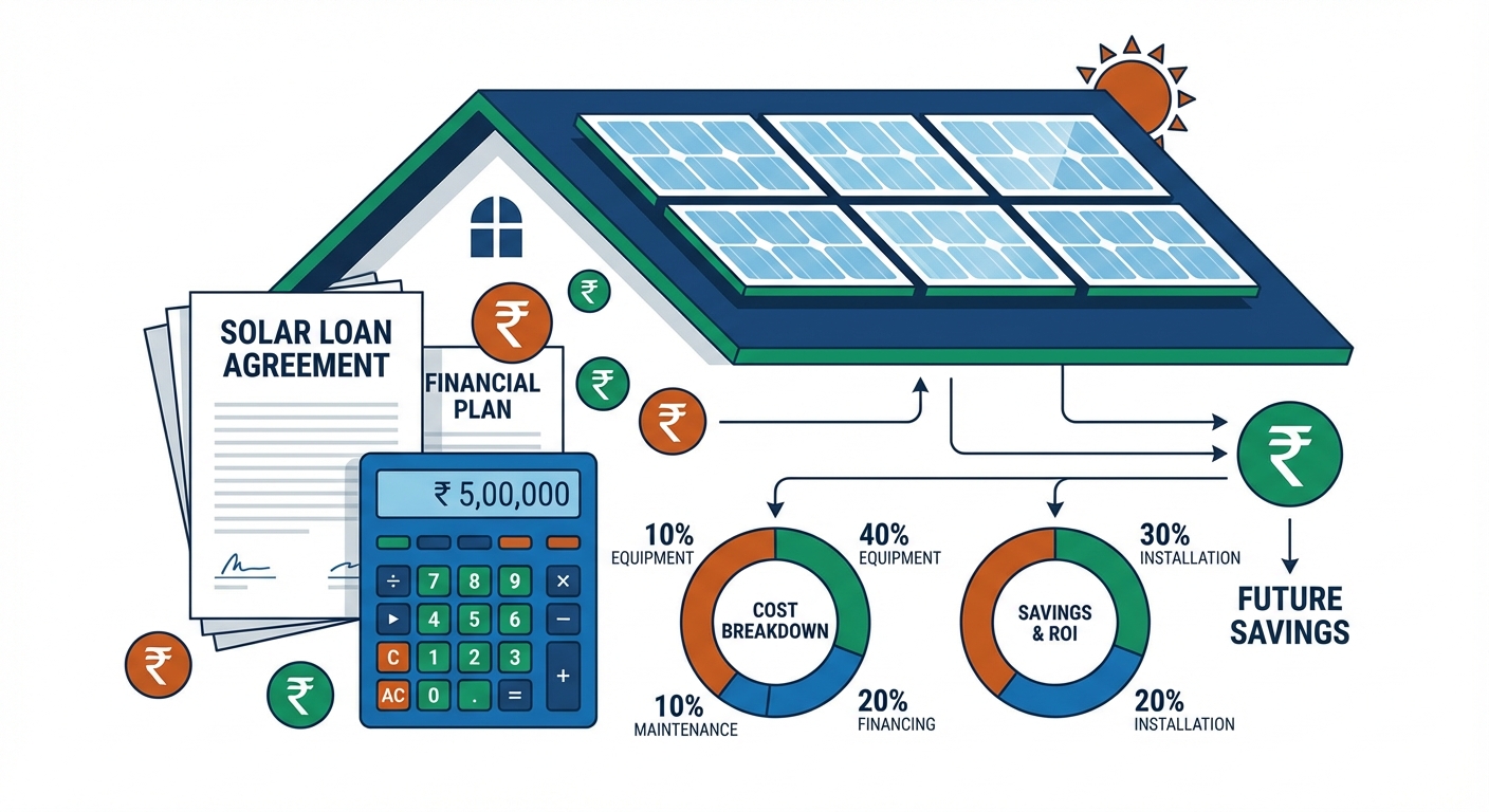 Solar financing options showing bank documents and cost breakdown with rupee symbols