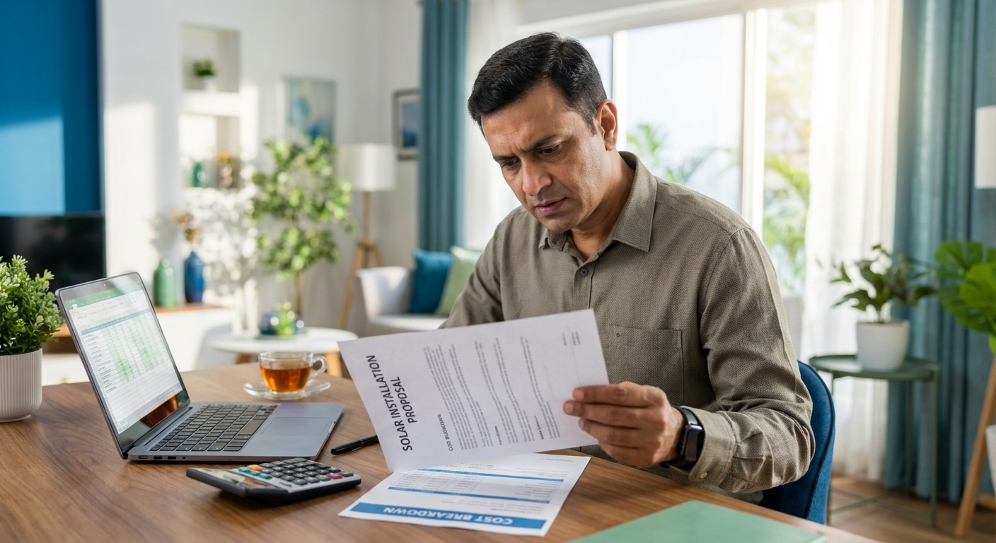Homeowner reviewing solar financing documents and cost breakdown sheets with calculator
